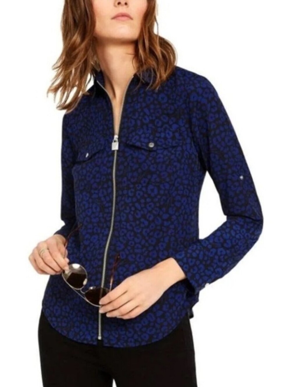 Michael Kors Blue Leopard-Print Zip Jacket Blouse Sz M